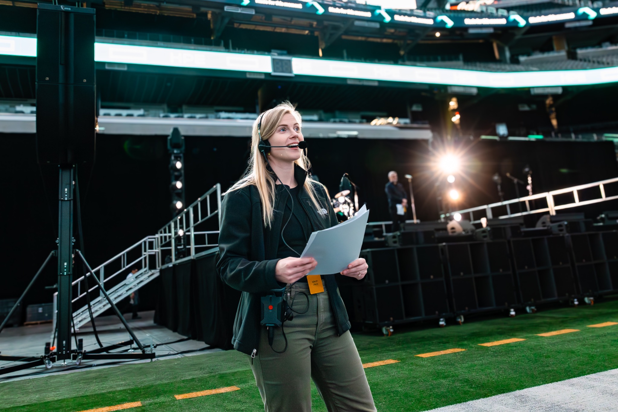 Ashley producing a live event on the field at a stadium